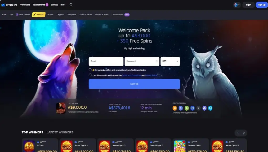 SkyCrown Casino homepage showing welcome pack up to A$3,000 plus 350 free spins with game lobby