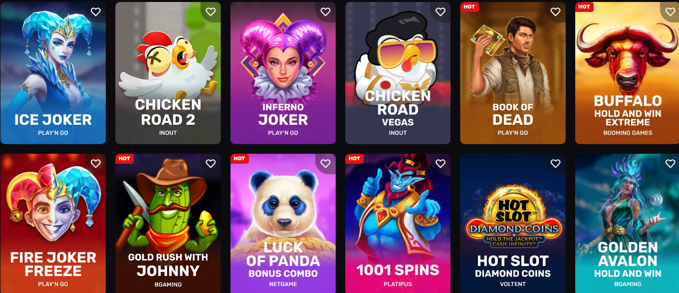 SkyCrown games grid showing popular slots including Ice Joker, Chicken Road, Book of Dead, Buffalo, and more