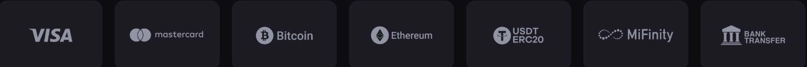 Payment methods: Visa, Mastercard, Bitcoin, Ethereum, USDT ERC20, MiFinity, Bank Transfer