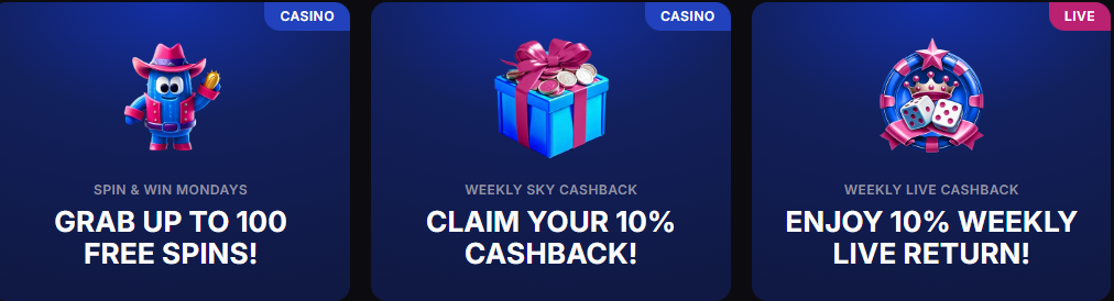 SkyCrown promotions: Spin & Win Mondays, Weekly Sky Cashback, Weekly Live Cashback