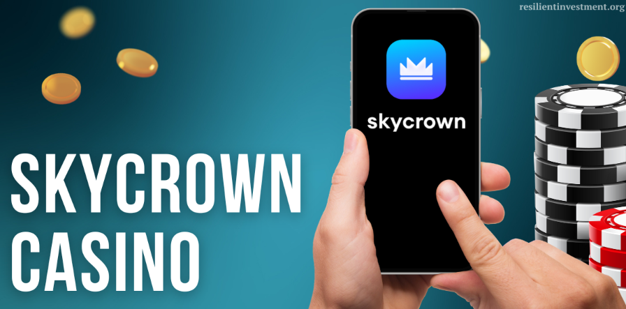 SkyCrown Casino mobile app showing the casino on a smartphone with casino chips